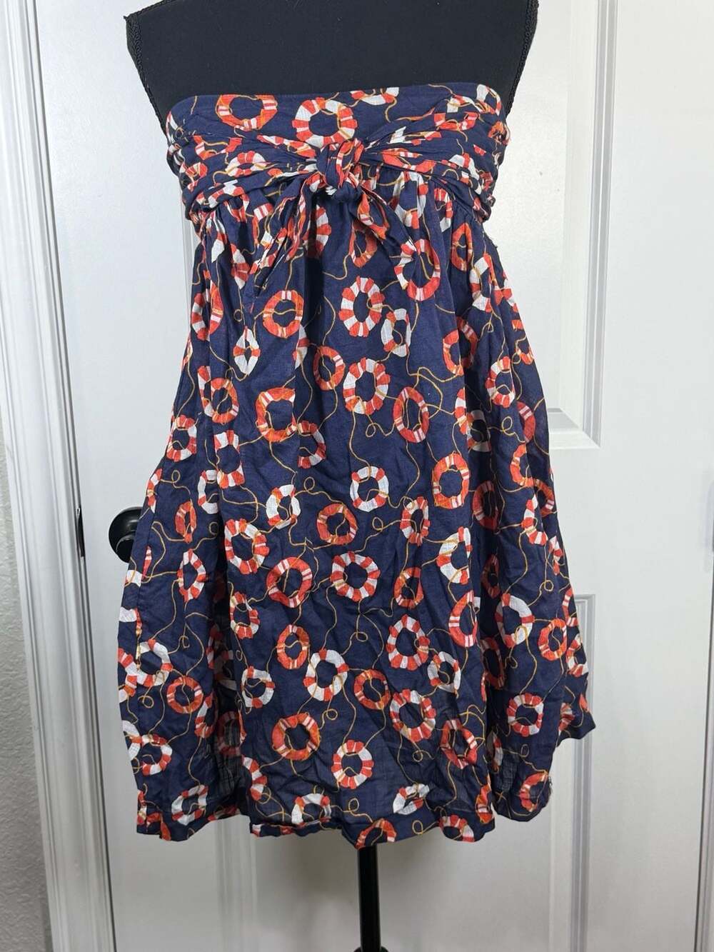 Strapless Navy Lifesaver Print Dress